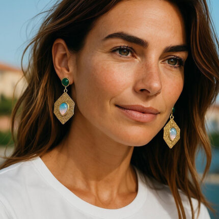 E2915003 Boucles d'oreilles en laiton plaqué or avec pierre semi précieuse onyx